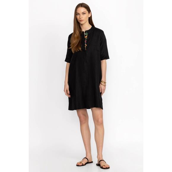 Calme Johnny Was 100% Linen Black Embroidered Floral V Neck Dress Size Large - Picture 1 of 8